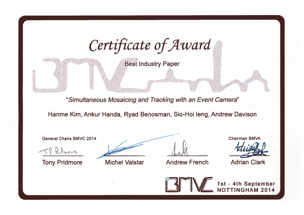BMVC2014_BestIndustryPaper_Certificate